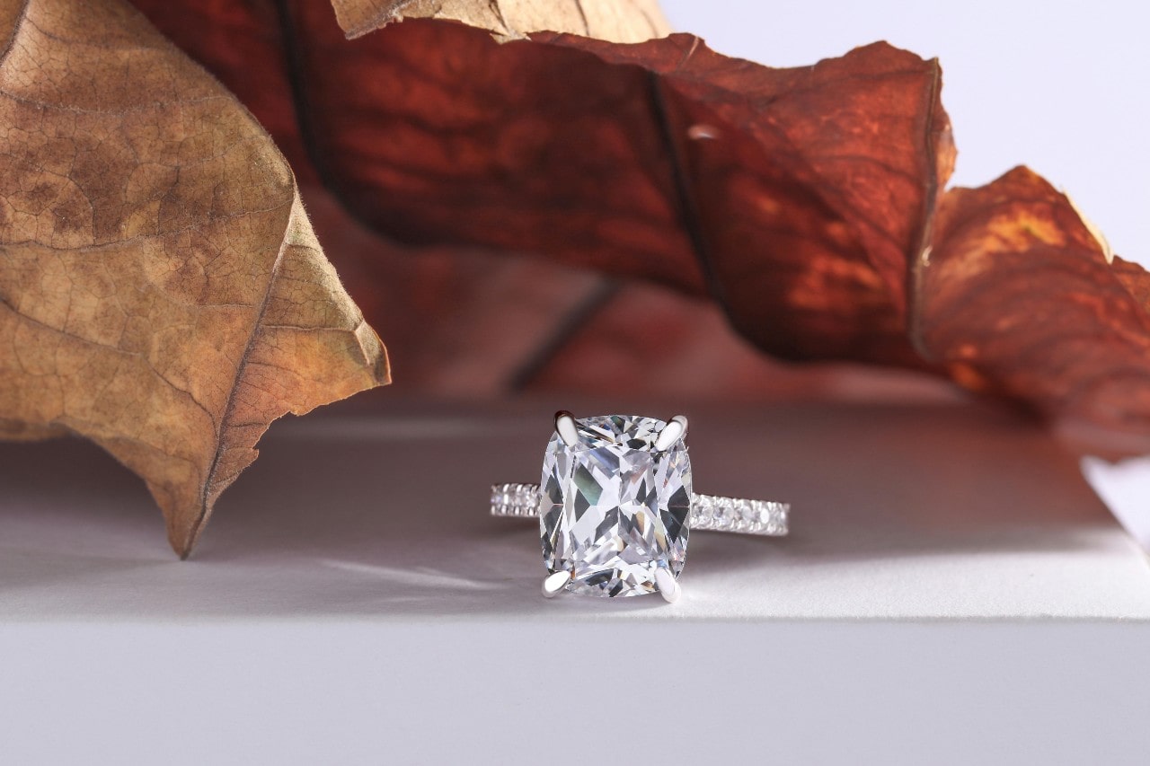 a radiant-cut ring with side stones sits under dead leaves.