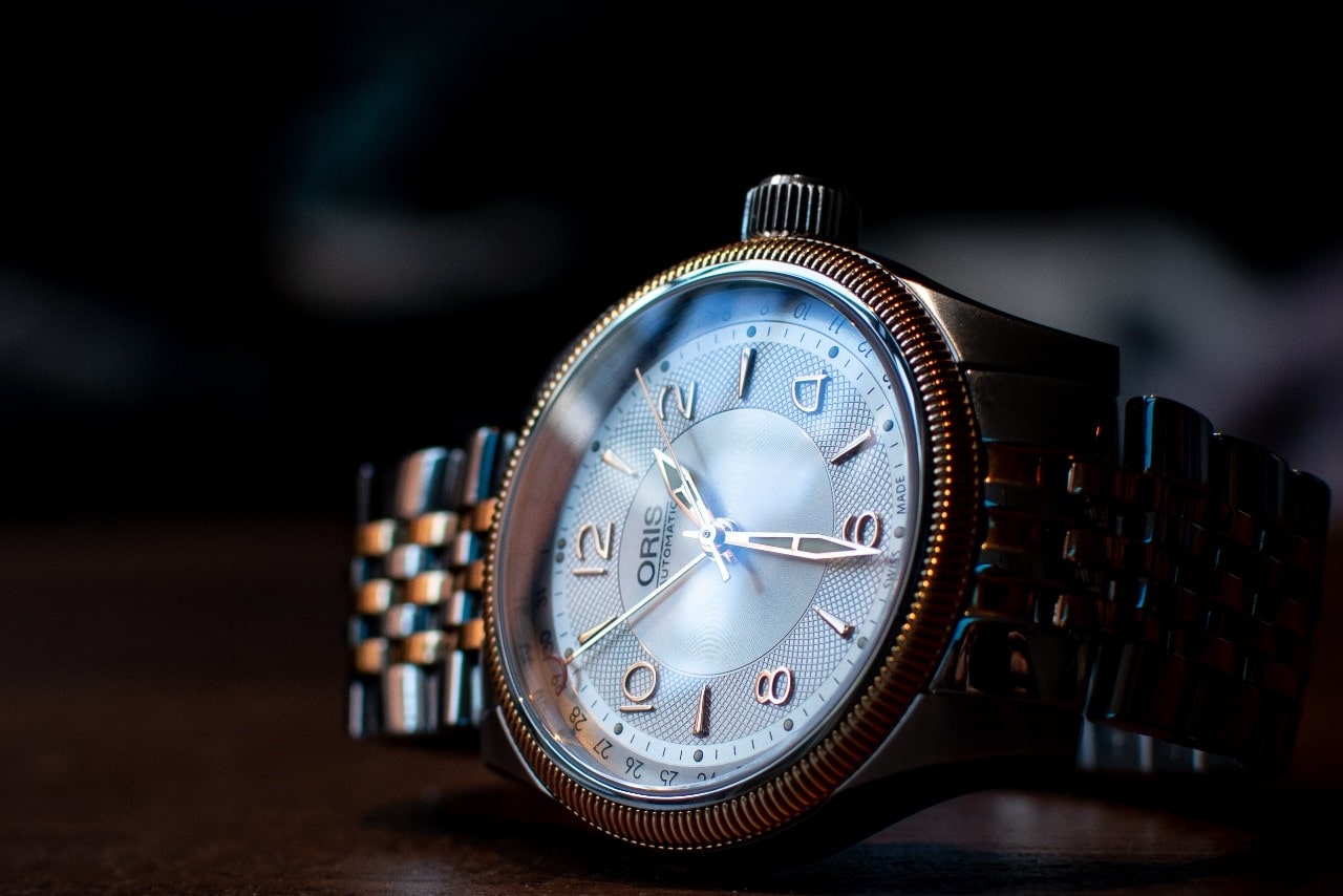 A close-up of an elegant Oris dress watch.